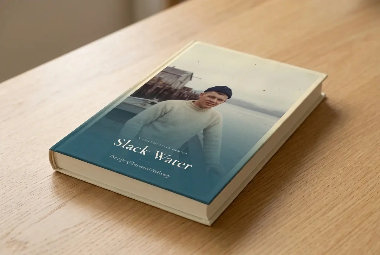 A Kindred Tales hardcover memoir resting on a table, its cover a vintage photograph of a young man by the water beneath the serif title “Slack Water.”