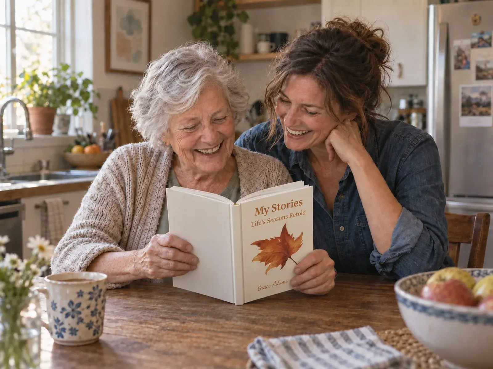 A mother in her seventies and her daughter laughing together over the finished book at a kitchen table
